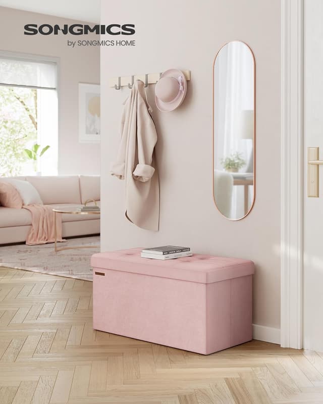 Detalle de SONGMICS cassapanca/pouf contenitore pieghevole rosa pastello LSF247R01, 38 x 76 x 38 cm, fino a 300 kg