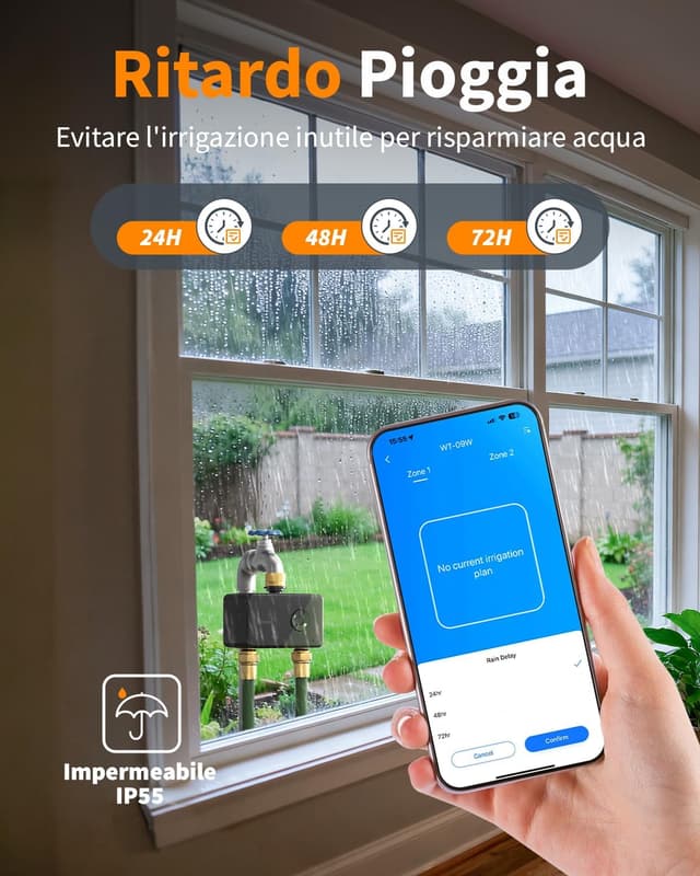 Detalle de Diivoo Centralina Irrigazione WiFi 2 Zone con ingresso/uscita in ottone WT-09W, timer smart per giardino e controllo Alexa
