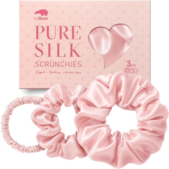 Detalle de LitBear Seiden Scrunchies 3er-Set (100% Maulbeerseide) in 3 Größen – sanftes Haargummi gegen Haarbruch
