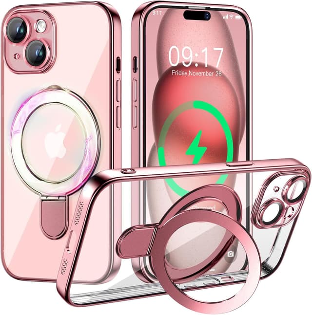 Detalle de Pmteyoim Magnetic for iPhone 15 Case with Invisible Stand (MagSafe Compatible) – Pink