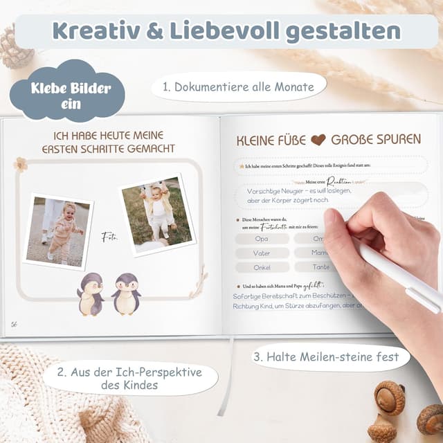 Detalle de Mein erstes Jahr Baby Babyalbum zum Selbstgestalten mit 84 Seiten & Stickern – Erinnerungsbuch für Geburt und Babyparty