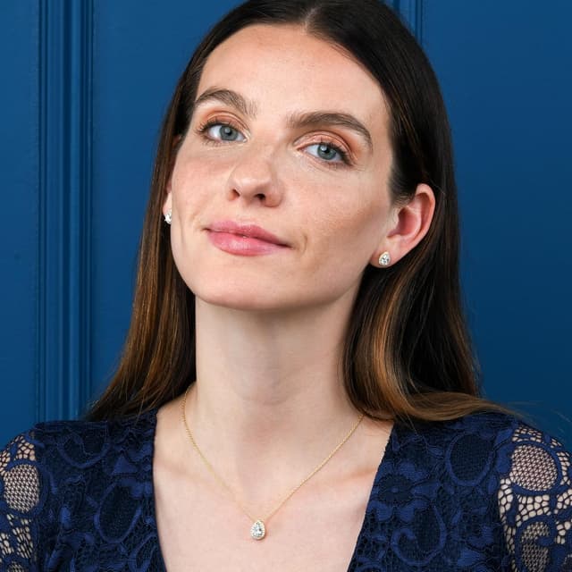 Detalle de Diamond Treats collier argent 925 avec pendentif poire « halo » en zircon – collier femme à pierre couleur (blanc, vert, bleu ou rouge)