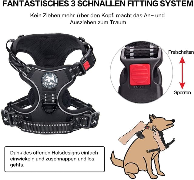 Detalle de PoyPet Keine Pull Hundegeschirr mit Easy-Control-Griff, reflektierend, weich gepolstert (ohne Choke), Schwarz – Größe XS