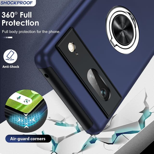 Detalle de LeYi case for Google Pixel 7 (Blue) with 2 screen protectors and invisible metal ring stand