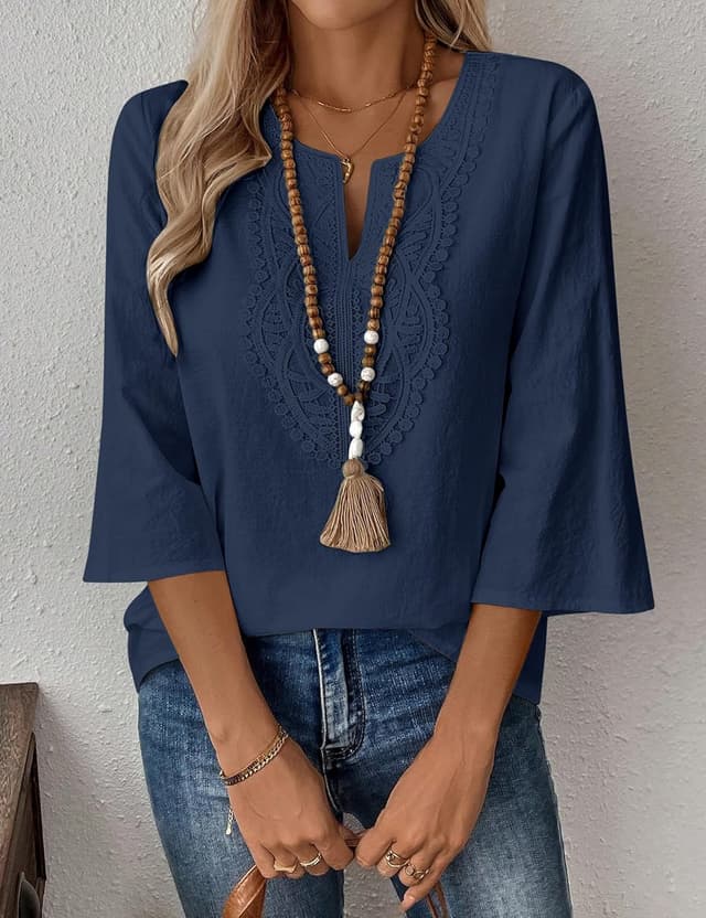 Detalle 2 de Rapbin Damen-Bluse mit 3/4-Ärmeln, V-Ausschnitt und Baumwoll-Leinen-Mix mit Crinkle-Optik