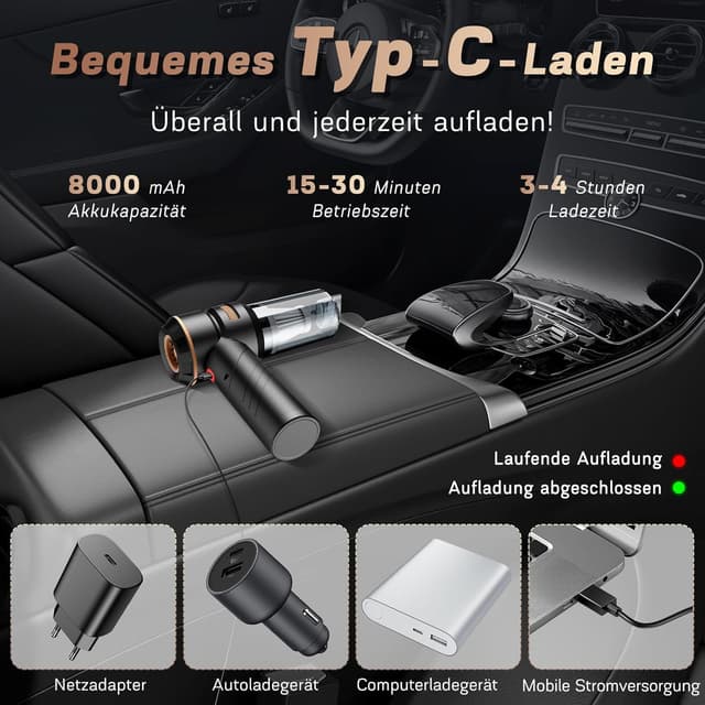 Detalle de MILFECH 4-in-1 Akku-Handstaubsauger (22.000 Pa, 3 Modi) für Auto, Haus & Tierhaare – kabellos