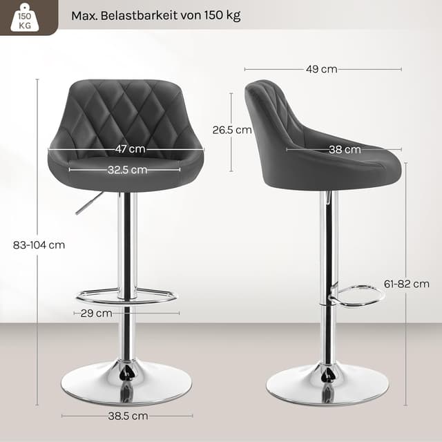 Detalle de WOLTU Barhocker-Set (2er) mit Rückenlehne, höhenverstellbar & drehbar – gepolsterter Kunstledersitz in Grau
