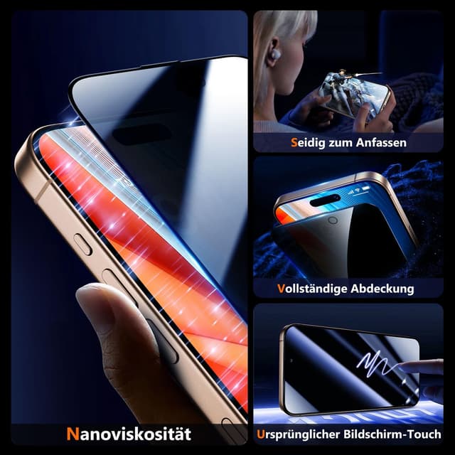 Detalle de UniqueMe Schutzfolie für iPhone 16 Pro mit Sichtschutz (Panzerglas, Full Screen 3D, Auto-Installation) – 2 Stück