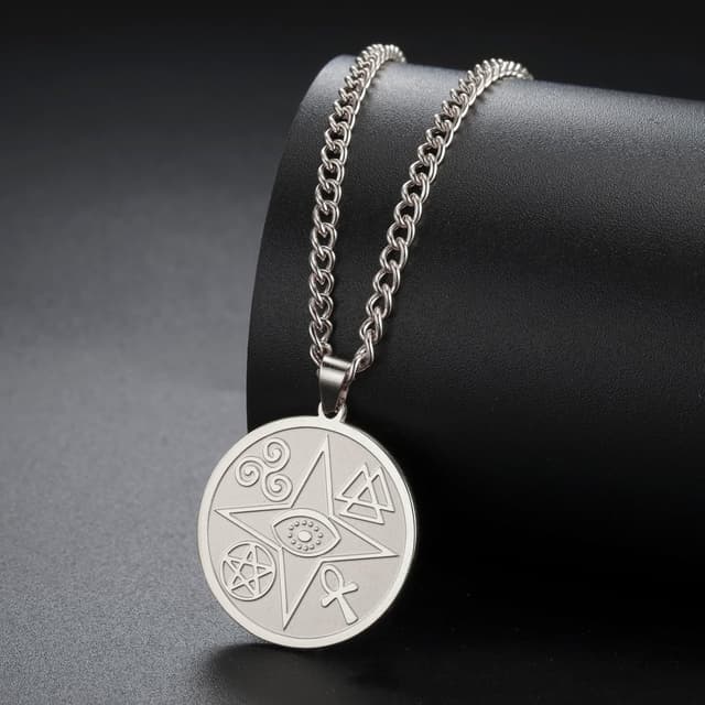 Detalle de VASSAGO Evil Eye Halskette mit Ankh, Pentagramm, Spirale & Valknut – keltische Schutzamulett Kette