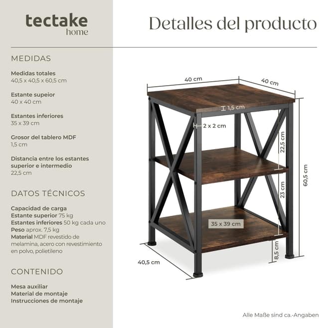 Thumbnail 1 de TecTake Mesa Auxiliar 40,5x40,5x60,5 cm