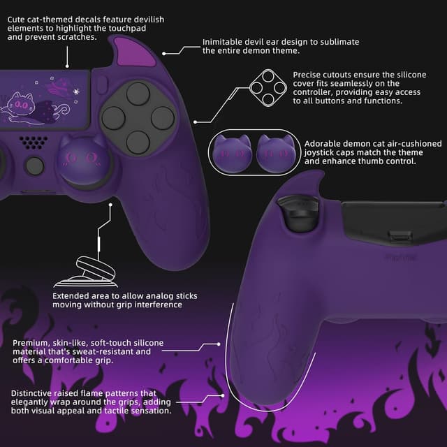 Detalle de PlayVital Protection silicone cover for PS4 controller with joystick cap set (purple demon design)
