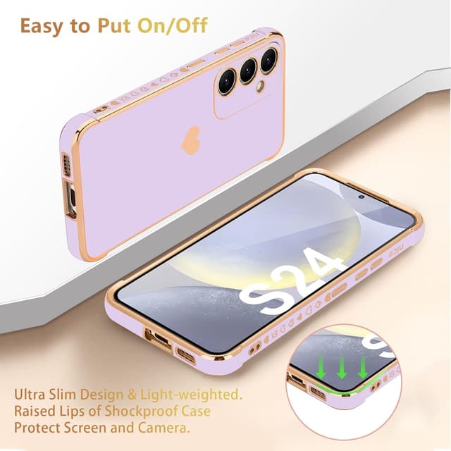 Detalle 2 de Urarssa Cute Bling Heart Case for Samsung Galaxy S24 (Purple) – shockproof silicone bumper cover