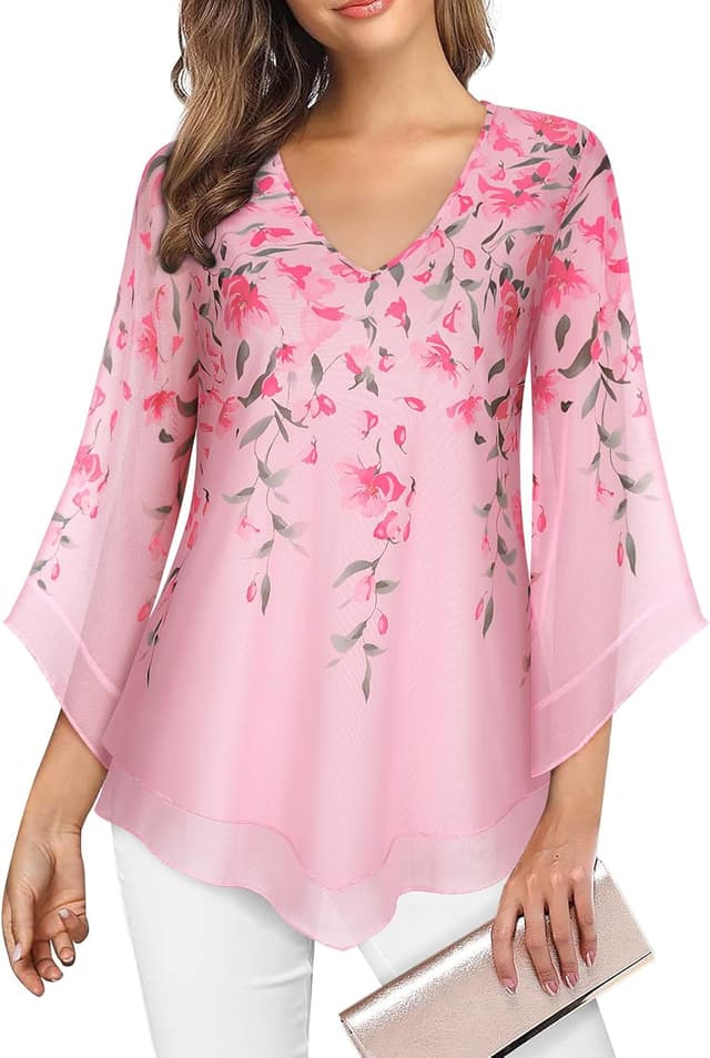 Detalle de Gemulate Ruffle 3/4 Sleeve Chiffon Mesh Tunic Top for Women (V-neck, double-layer)