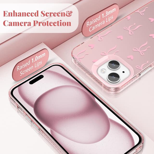 Detalle de ZTOFERA Rosa Hülle für iPhone 13/14 (6,1") mit Schleifen-Motiv – harte PC-Rückseite & TPU-Rahmen