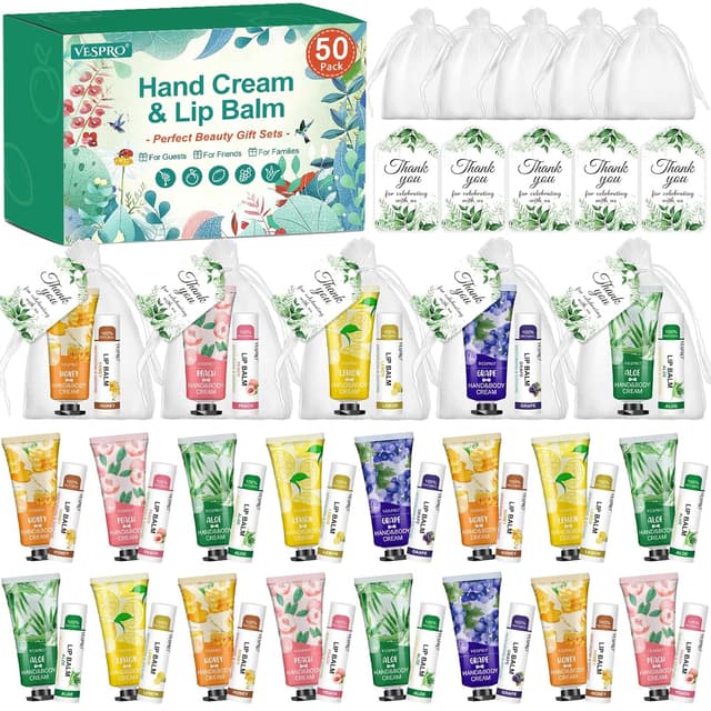 Detalle de 50 Sets Bulk Hand Cream and Bulk Lip Balm Gift Favors (Organza Bags + Thank Cards) for Easter, Mother’s Day & Weddings