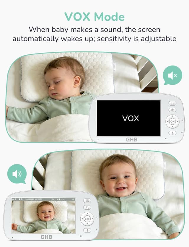 Detalle 2 de GHB Baby Monitor with Camera and Night Vision, 5-inch Screen, 2-way Audio & VOX – Temperature Sensor, 4x Zoom