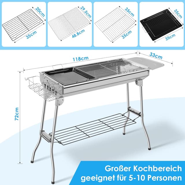 Detalle de Barbecue a carbonella XXL pieghevole in acciaio inox con griglia e padella antiaderente