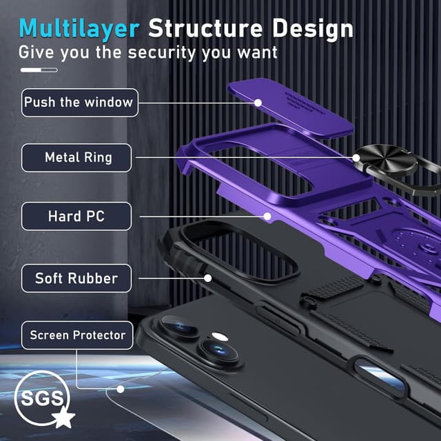Detalle 2 de Janmitta Case for iPhone 14 & iPhone 13 with Slide Camera Lens Cover, Kickstand & Tempered Glass Screen Protector (Purple)