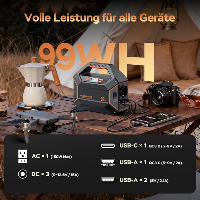 Detalle 2 de MARBERO Tragbare Powerstation mit 230V Steckdose (99 Wh / 27.000 mAh), 150W AC, USB & DC sowie LED-SOS-Notlicht