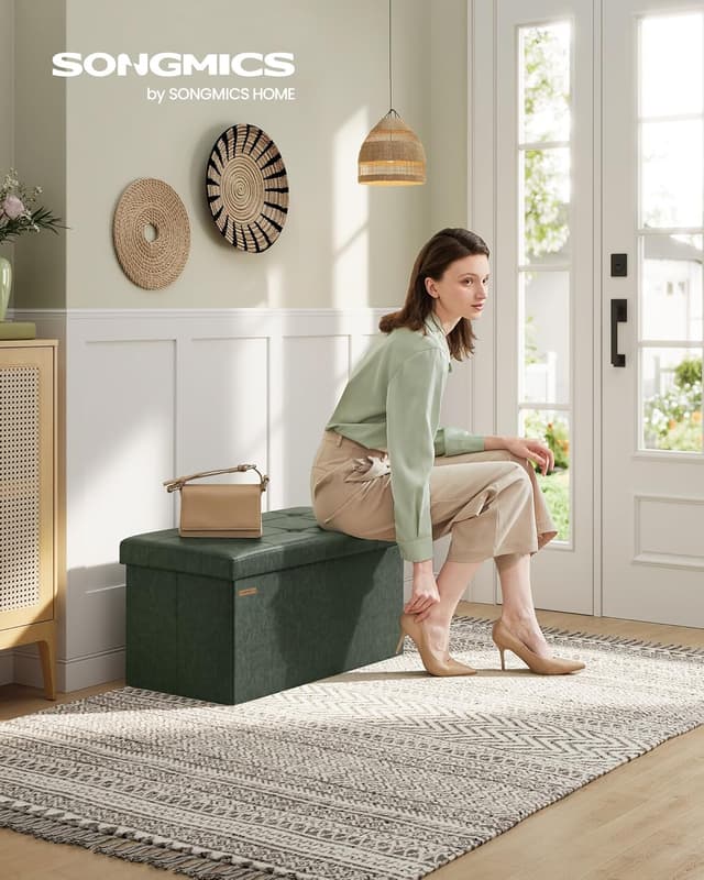 Detalle 2 de SONGMICS Cassapanca pouf contenitore pieghevole verde foresta LSF040C01 (38 x 76 x 38 cm)