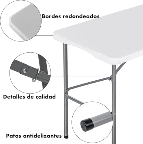 Detalle 2 de Mesa plegable de camping T-LOVENDO.ES rectangular auxiliar 122x61 cm (hasta 120 kg), blanca