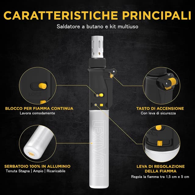 Detalle de LEXIVON LX-770 Kit saldatore a butano senza fili, set multiuso con autoaccensione e fiamma regolabile (set di 7 punte)