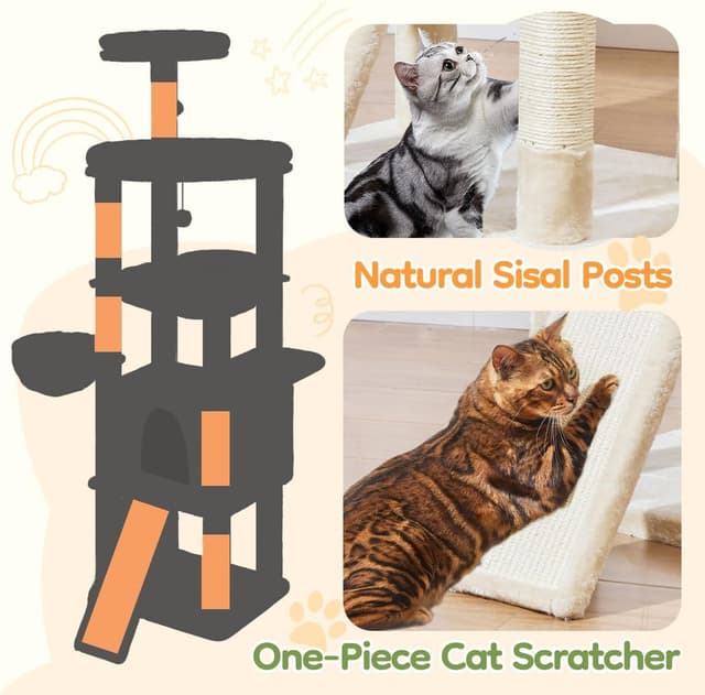 Thumbnail 6 de Taoqimiao 183cm Large Cat Tree (MS045M) with Metal Hammock, 5 Scratching Posts & Spacious Platforms
