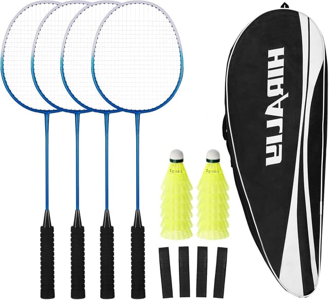 Detalle de HIRALIY Badminton-Schläger-Set (4er, für Kinder & Erwachsene) inkl. 12 Nylon-Volanten, Ersatz-Griffbändern und Tasche