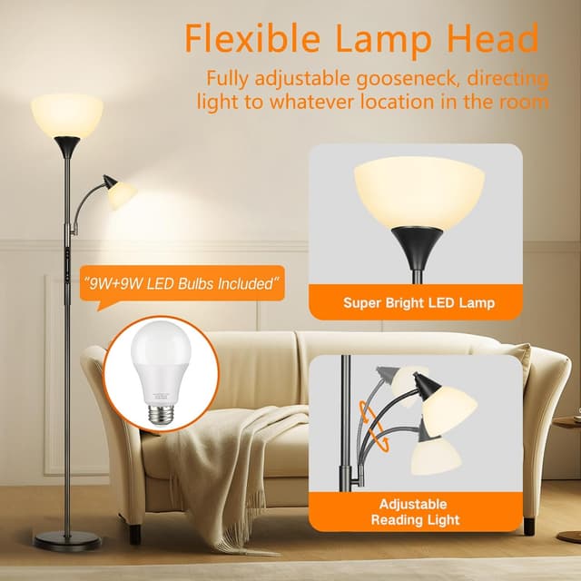 Detalle de OUTON Dimmable LED Floor Lamp with Touch Control, Remote & App (Uplighter + Reading Goose Neck) and 1-Hour Timer