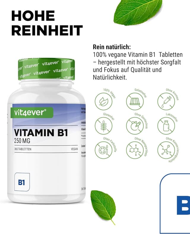 Detalle de vit4ever Vitamin B1 (Thiamin) 250 mg – 365 Tabletten für 12 Monate (vegan)