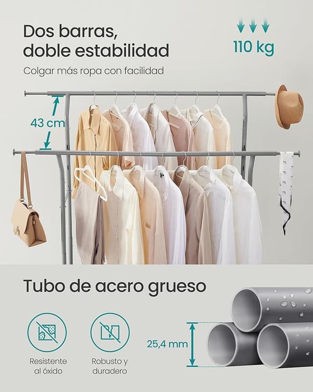 Detalle 2 de SONGMICS Perchero con Ruedas, Regulable, Gris Paloma 🚶