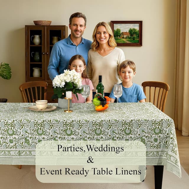 Detalle de Agate Green 100% Cotton Indian Block Print Rectangle Tablecloth (60x90 inch)