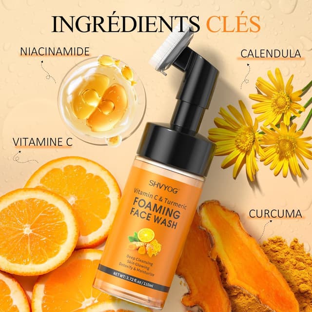 Detalle de Mousse nettoyante visage vitamine C & curcuma avec brosse en silicone