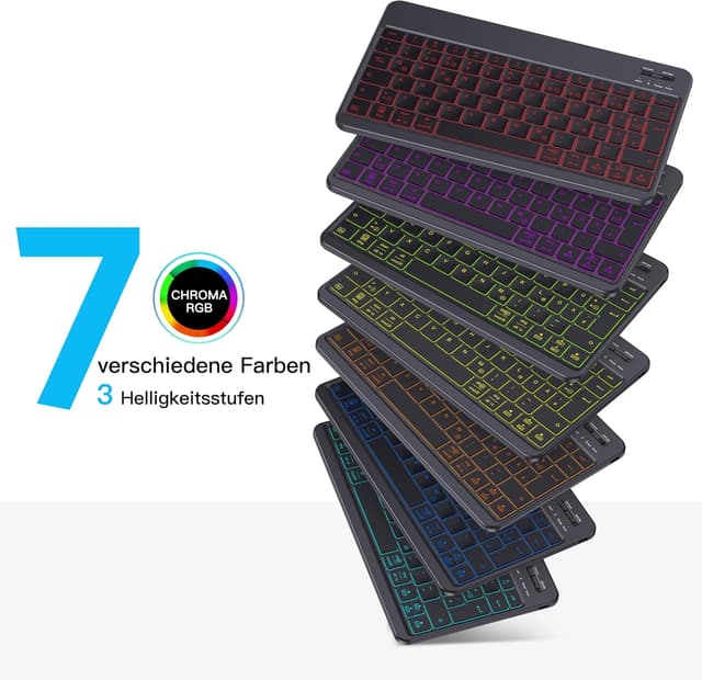 Detalle 2 de Emetok deutsche Bluetooth Tastatur – kabellos, wiederaufladbar, 7-farbige Hintergrundbeleuchtung, schwarz