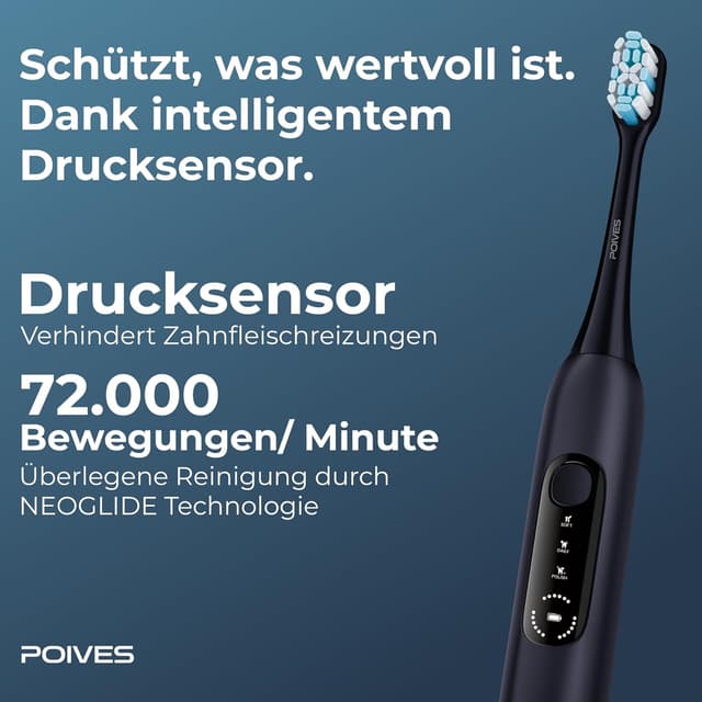 Detalle de POIVES P1 Pro Schallzahnbürste Midnight Blue – Drucksensor, 3 Modi, bis zu 110 Tage Akkulaufzeit