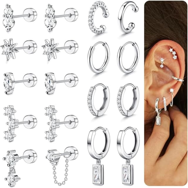 Detalle de Roheafer 9 Paar Ohrringe Set für Ohrstapeln: Creolen, Knorpelpiercing-Stecker & Ohrklemmen (hypoallergen)