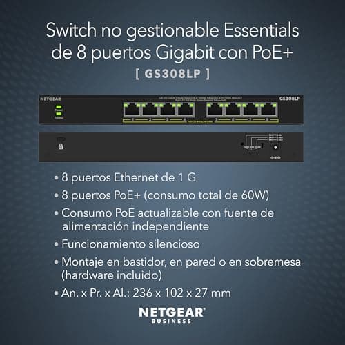 Detalle de NETGEAR GS308LP Switch no gestionable de 8 Puertos PoE⚡
