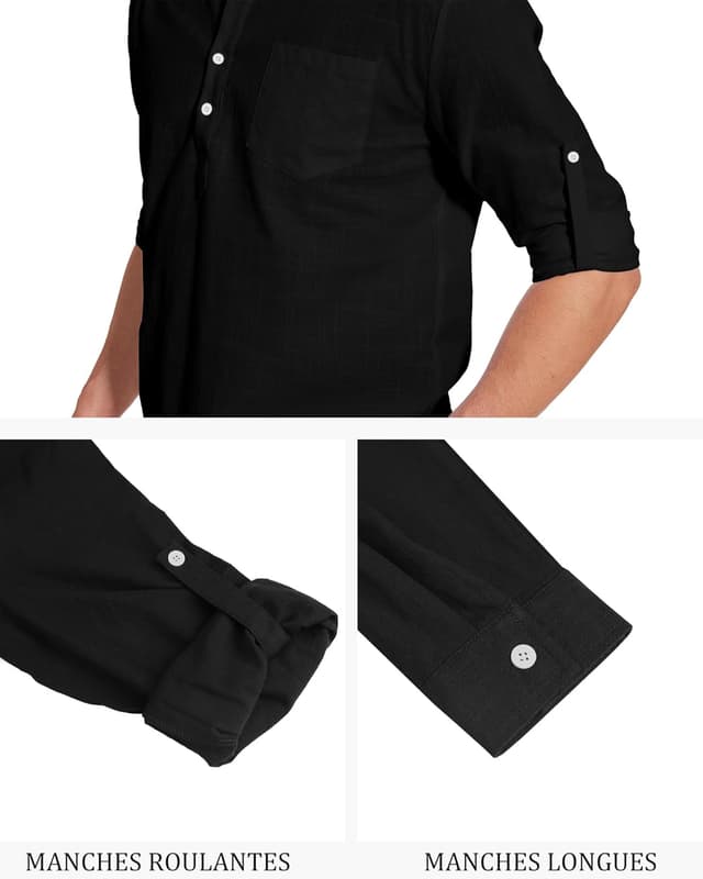 Detalle de Chemise en lin homme YAOBAOLE à col Henley, manches longues – style décontracté d’été