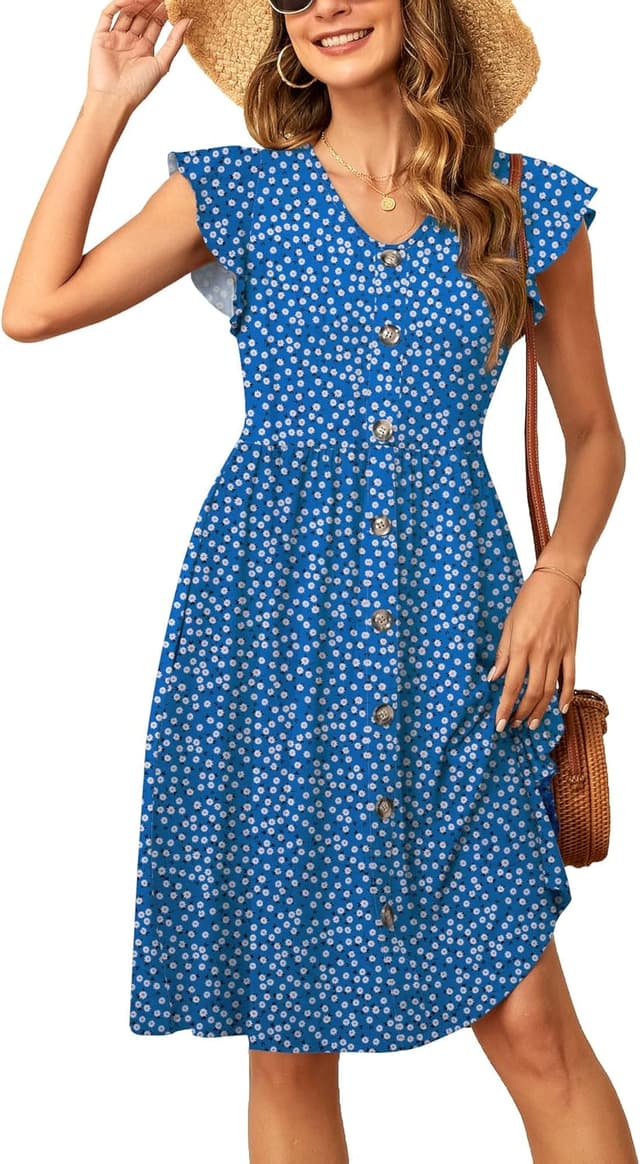 Detalle de Robe d’été midi SENBATU pour femme à col en V, manches à volants et poches (S-2XL, 34-52)