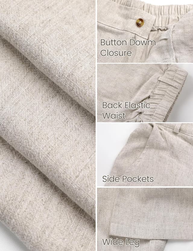 Detalle de Hooever Womens Cotton Linen Wide-Leg Pants (High-Waisted, Button-Front)