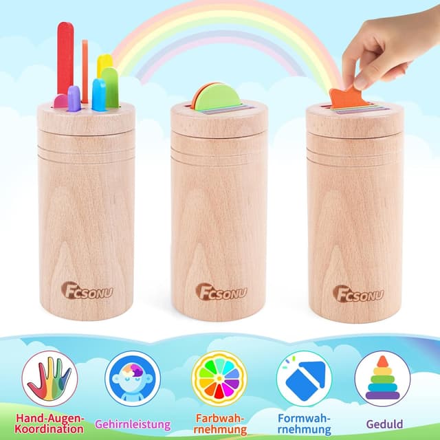 Detalle 2 de FCSONU Montessori Steckspiel aus Holz (3-in-1) ab 1 Jahr, Sortierspiel mit Formen und Farben