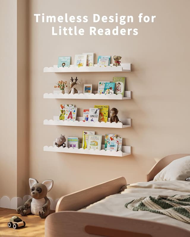 Detalle de Shario Nursery Book Shelves 4-Pack White Floating Scalloped Wall Shelves for Kids