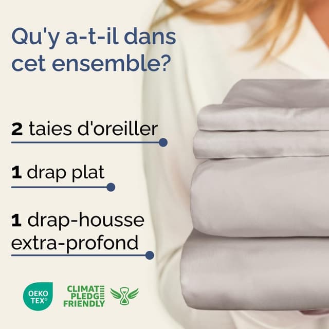 Detalle 2 de Ensemble de draps 4 pièces gris clair : drap plat 225x255, drap-housse 135x190 et 2 taies 50x80
