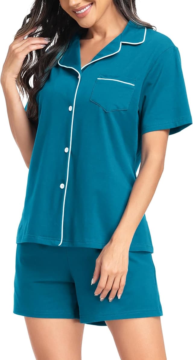 Detalle de Ensemble pyjama femme en coton Lovasy : short + haut col V à manches courtes