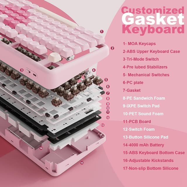 Detalle de YUNZII B87 drahtlose mechanische Tastatur (QMK/VIA, Gasket, RGB, BT5.0/2.4G/USB-C) mit Handballenauflage