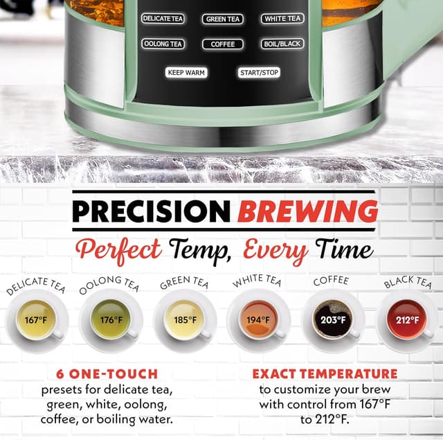 Detalle 2 de Gourmia Electric Glass Kettle (1.7L) with 6 Presets, Removable Stainless Infuser & Digital Touch Display (Green)