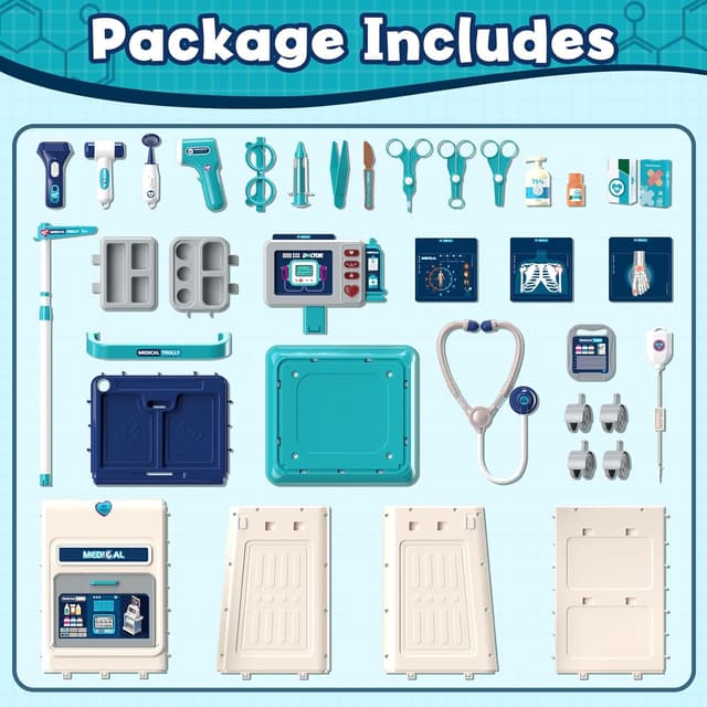 Detalle de Lehoo Castle kids doctor set with medical trolley, sound & light play panel and accessories (3+), blue