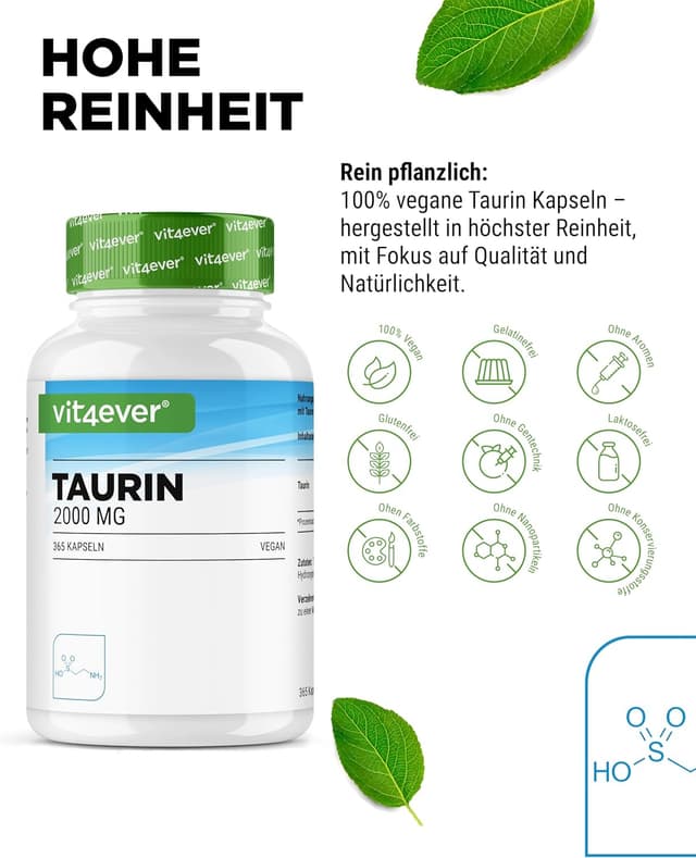 Detalle de vit4ever Taurin 365 Kapseln – 2000 mg Tagesdosis (2 Kapseln), vegan