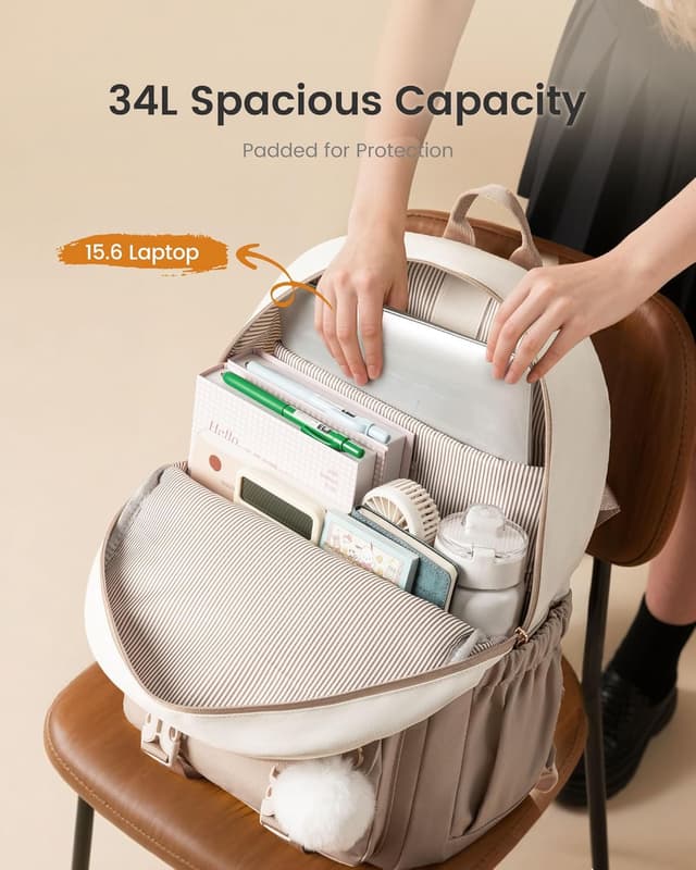 Detalle de LOVEVOOK Schulrucksack für Mädchen 10–18 Jahre mit großem Flaschenfach und Laptopfach (15,6 Zoll) – Khaki Beige