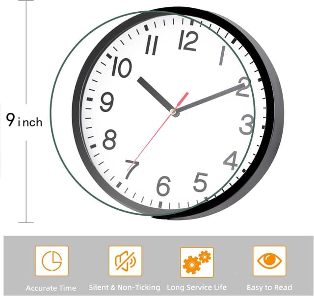 Thumbnail 1 de Wall Clock Silent Non Ticking 9" Quartz